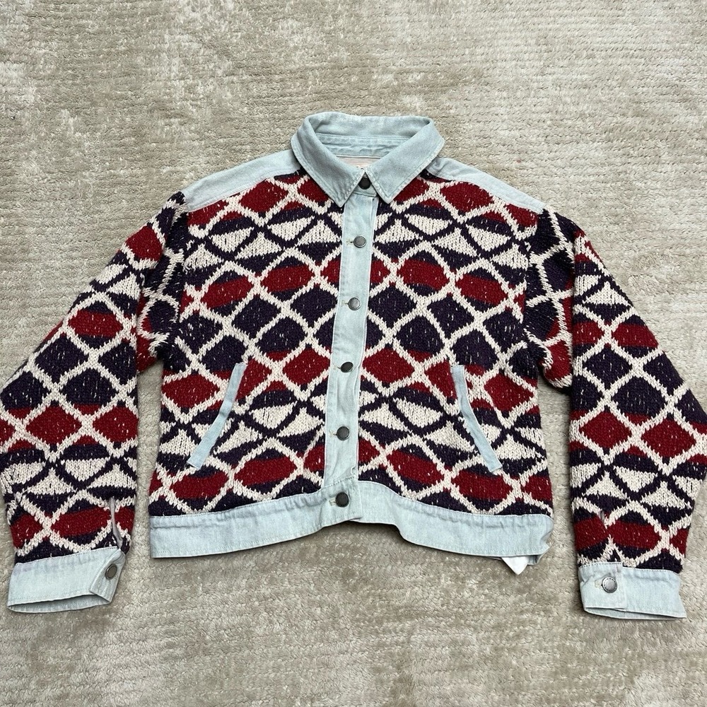 Free People Lakeside Denim Jacket Western Chunky Knit Size Medium /Large